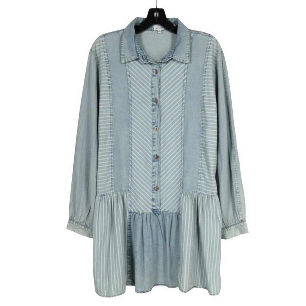 AZURA Blue Denim STRIPES PATCHWORK 1/2 Button POCKETS Pleats BABYDOLL DRESS Sz L